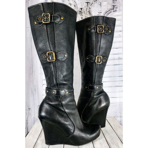 black wedge calf length boots